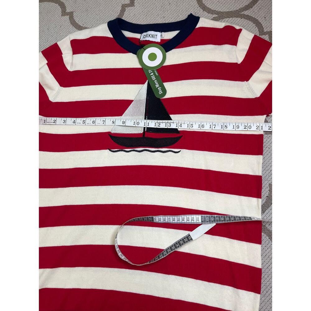 NWT OXKNIT Red White Striped Sweater Sailboat Navy Bell Cuff Knit Crewneck XL - Picture 7 of 10